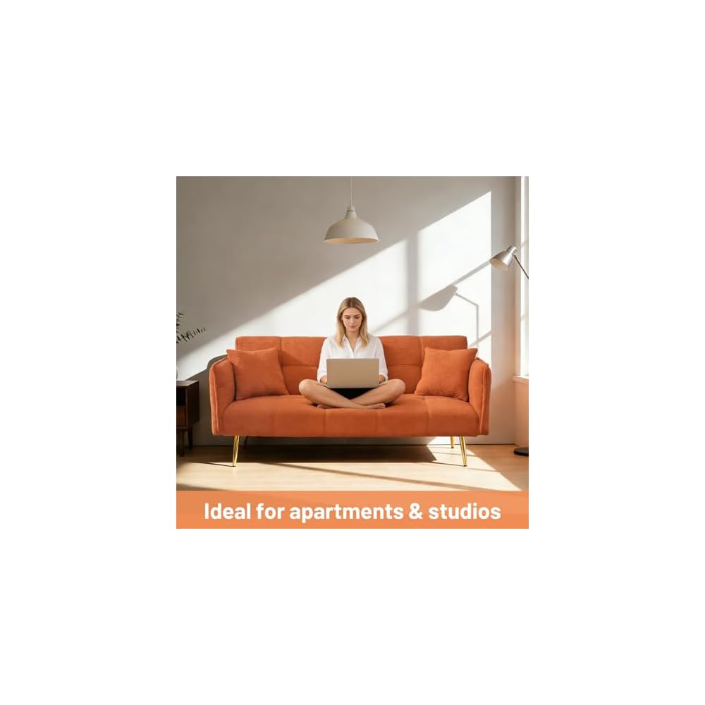 70" Futon Sofa Bed,Teddy Fleece Fabric Couch Bed (Orange)