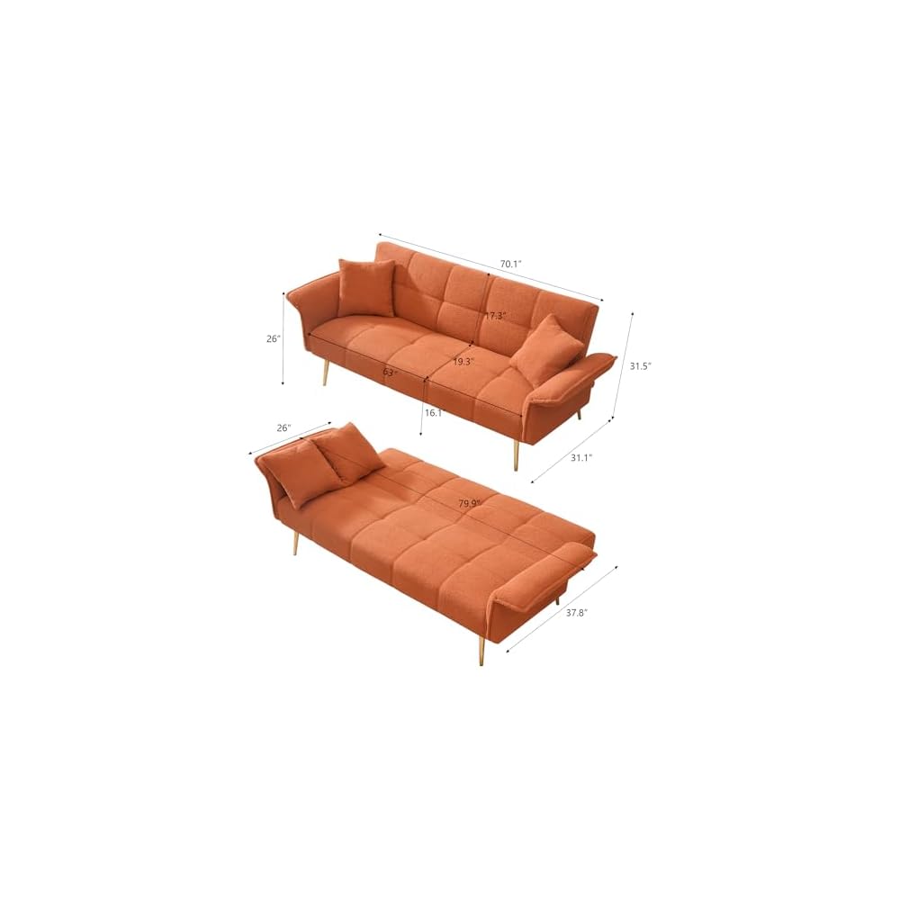 70" Futon Sofa Bed,Teddy Fleece Fabric Couch Bed (Orange)