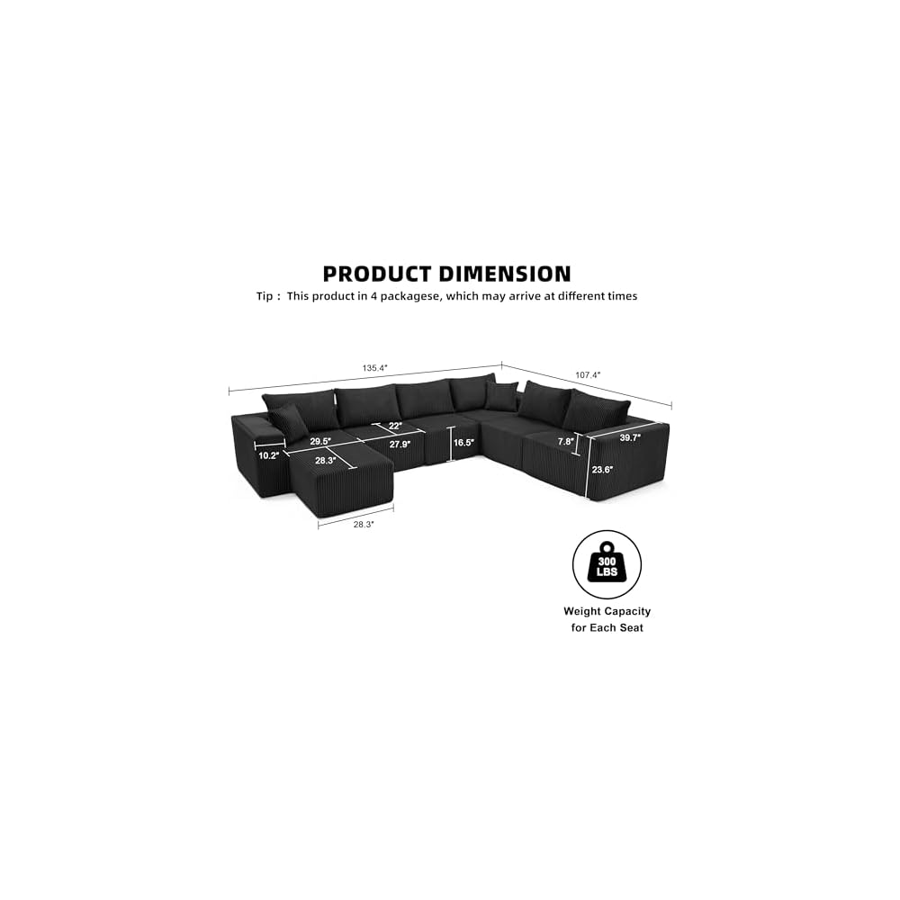 Cloud Couch Sectional, Modular Sofa with Deep Seat, Plush Corduroy U Shaped Boneless Couch, Convertible Sectional Couches for Living Room (Black, 6 Seater & 1 Ottoman)