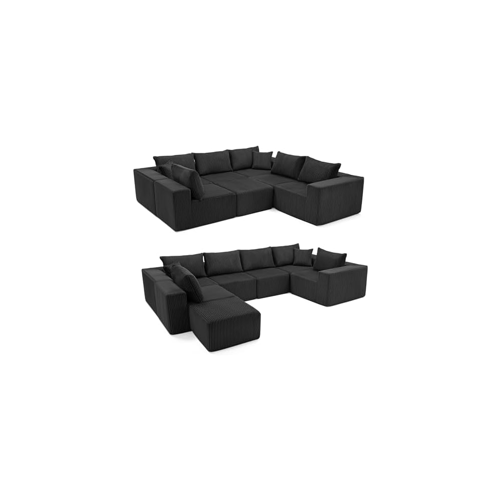 Cloud Couch Sectional, Modular Sofa with Deep Seat, Plush Corduroy U Shaped Boneless Couch, Convertible Sectional Couches for Living Room (Black, 6 Seater & 1 Ottoman)