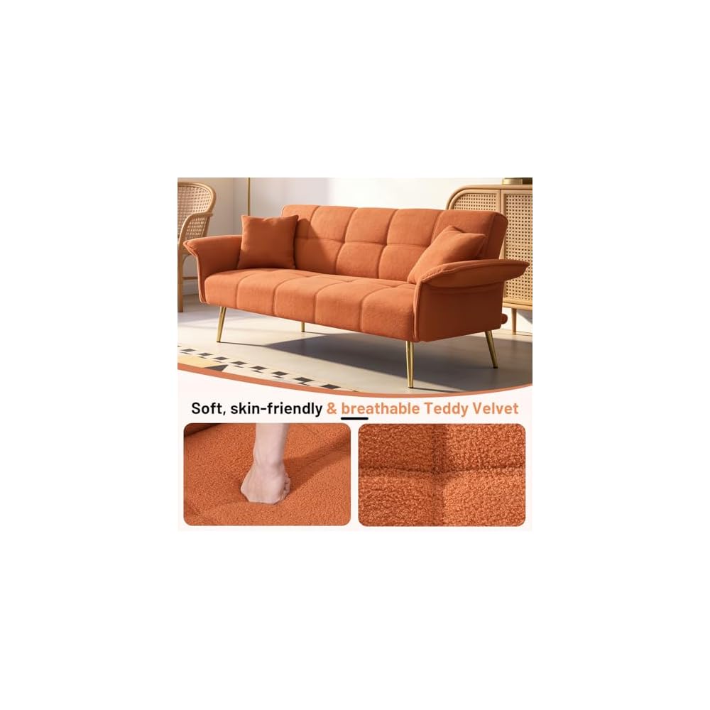 70" Futon Sofa Bed,Teddy Fleece Fabric Couch Bed (Orange)