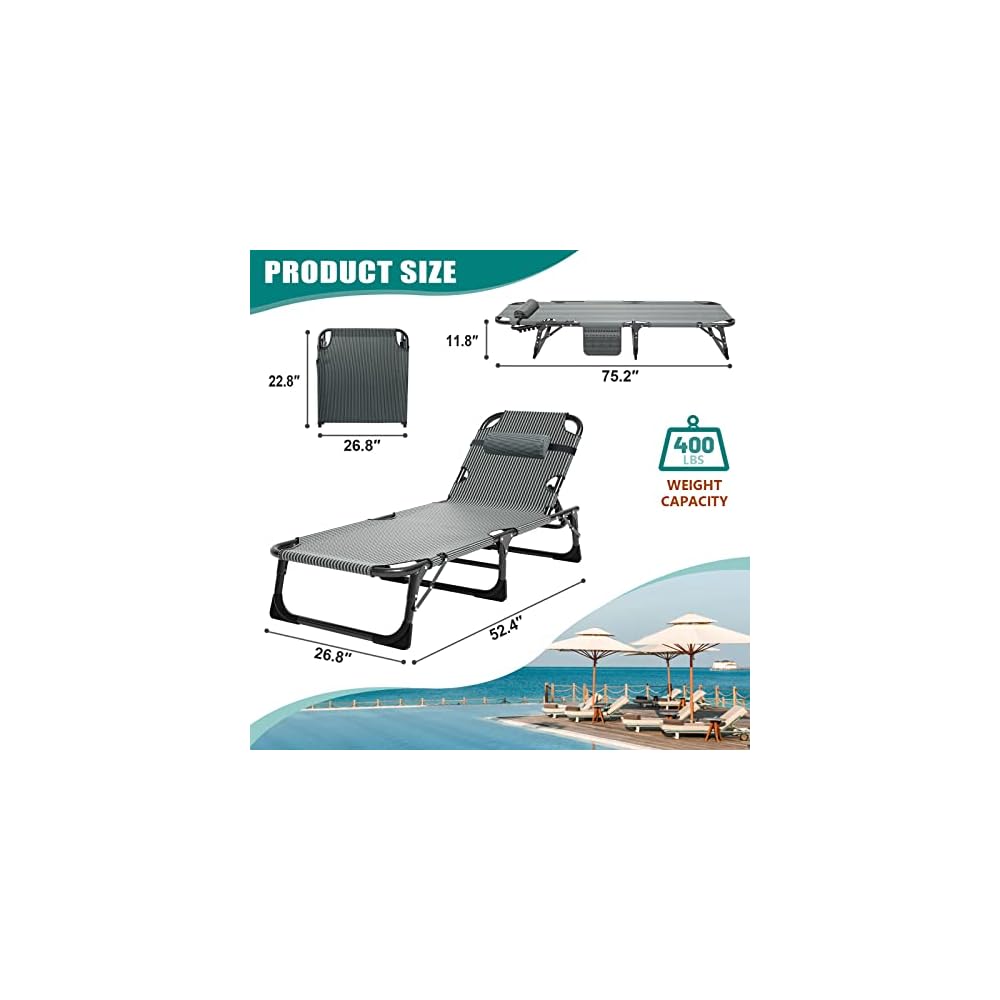 DoCred Chaise Lounge Chair, 5-Position Folding Outdoor Lounge Chair