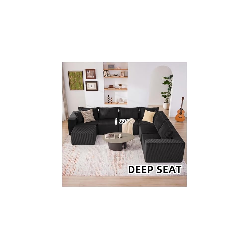 Cloud Couch Sectional, Modular Sofa with Deep Seat, Plush Corduroy U Shaped Boneless Couch, Convertible Sectional Couches for Living Room (Black, 6 Seater & 1 Ottoman)