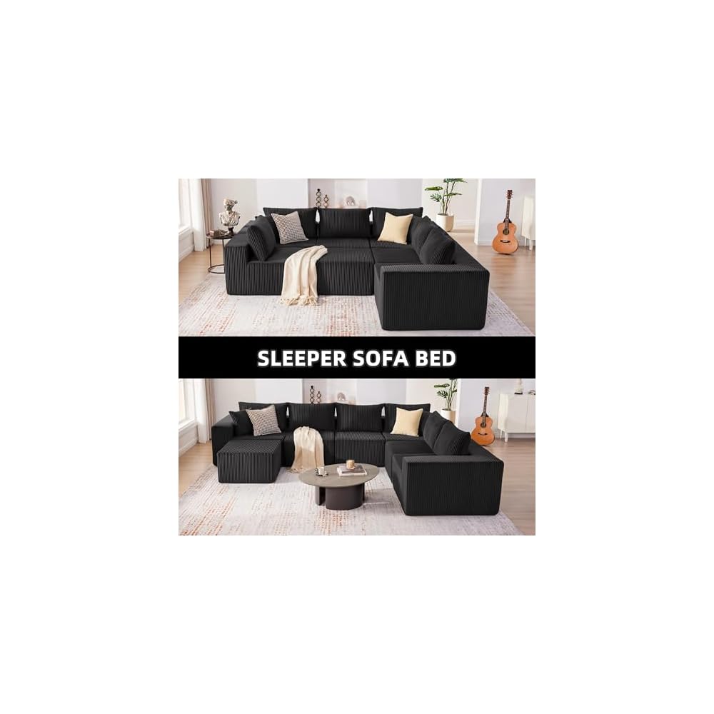 Cloud Couch Sectional, Modular Sofa with Deep Seat, Plush Corduroy U Shaped Boneless Couch, Convertible Sectional Couches for Living Room (Black, 6 Seater & 1 Ottoman)