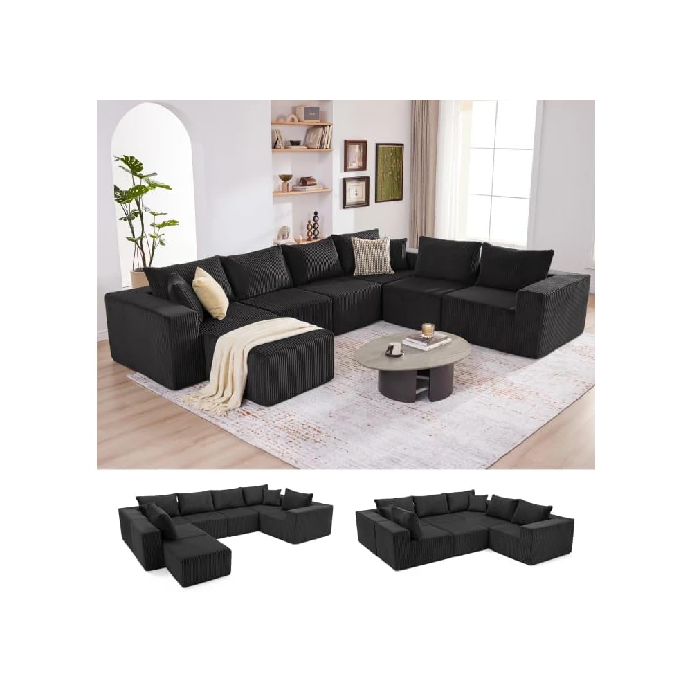 Cloud Couch Sectional, Modular Sofa with Deep Seat, Plush Corduroy U Shaped Boneless Couch, Convertible Sectional Couches for Living Room (Black, 6 Seater & 1 Ottoman)
