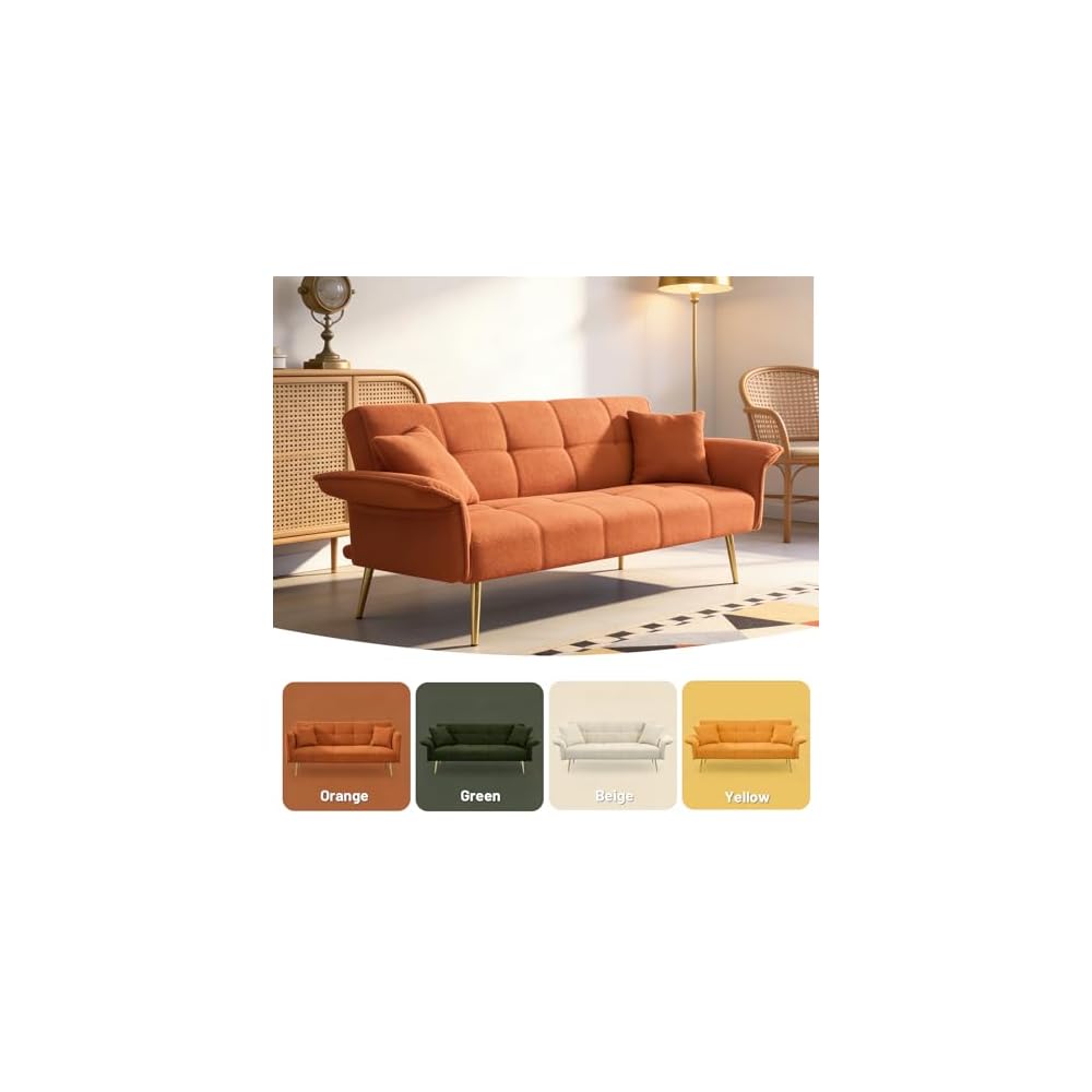 70" Futon Sofa Bed,Teddy Fleece Fabric Couch Bed (Orange)