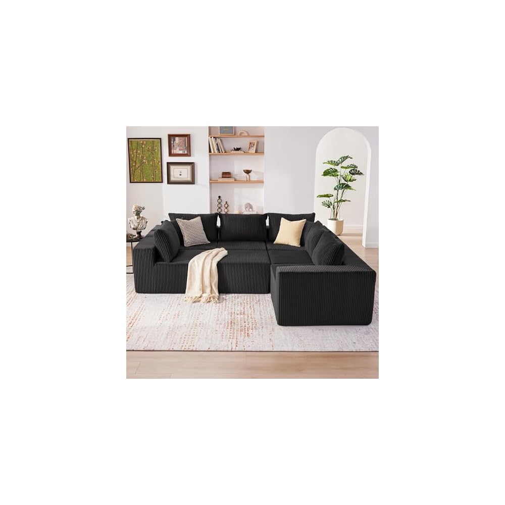 Cloud Couch Sectional, Modular Sofa with Deep Seat, Plush Corduroy U Shaped Boneless Couch, Convertible Sectional Couches for Living Room (Black, 6 Seater & 1 Ottoman)