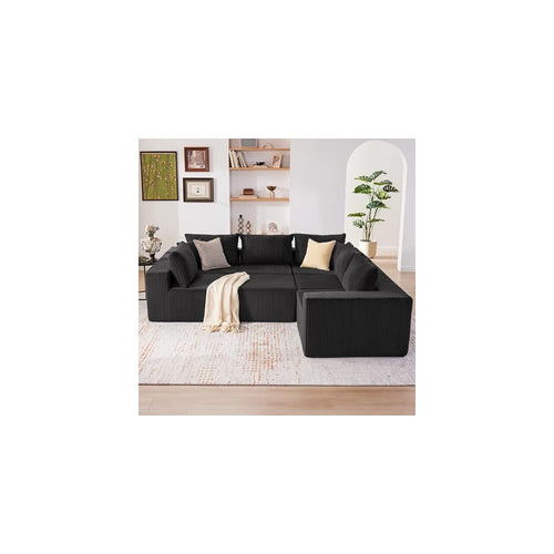 Cloud Couch Sectional, Modular Sofa with Deep Seat, Plush Corduroy U Shaped Boneless Couch, Convertible Sectional Couches for Living Room (Black, 6 Seater & 1 Ottoman)