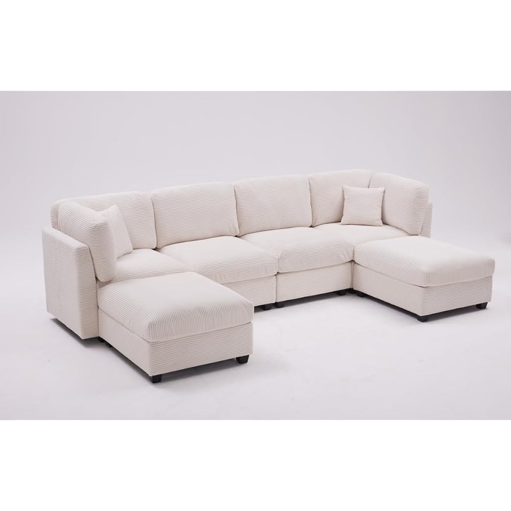 Howjoe 140 Inch Oversized Corduroy Modular Sectional Sofa, U Shaped Modular Couch with Storage, 6 Seat Convertible Corduroy Couch, Comfy Sectional Couches for Living Room with Memory Foam, Beige