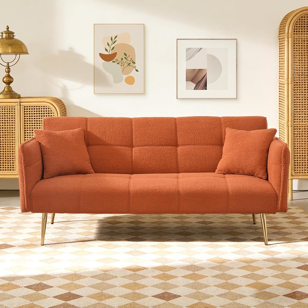 70" Futon Sofa Bed,Teddy Fleece Fabric Couch Bed (Orange)